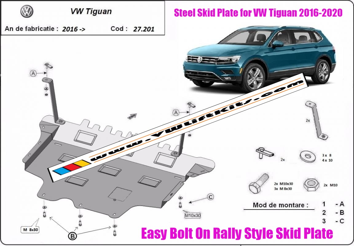 Bolt On Rally Style Steel Skid Plate for VW Tiguan 2016-2020.